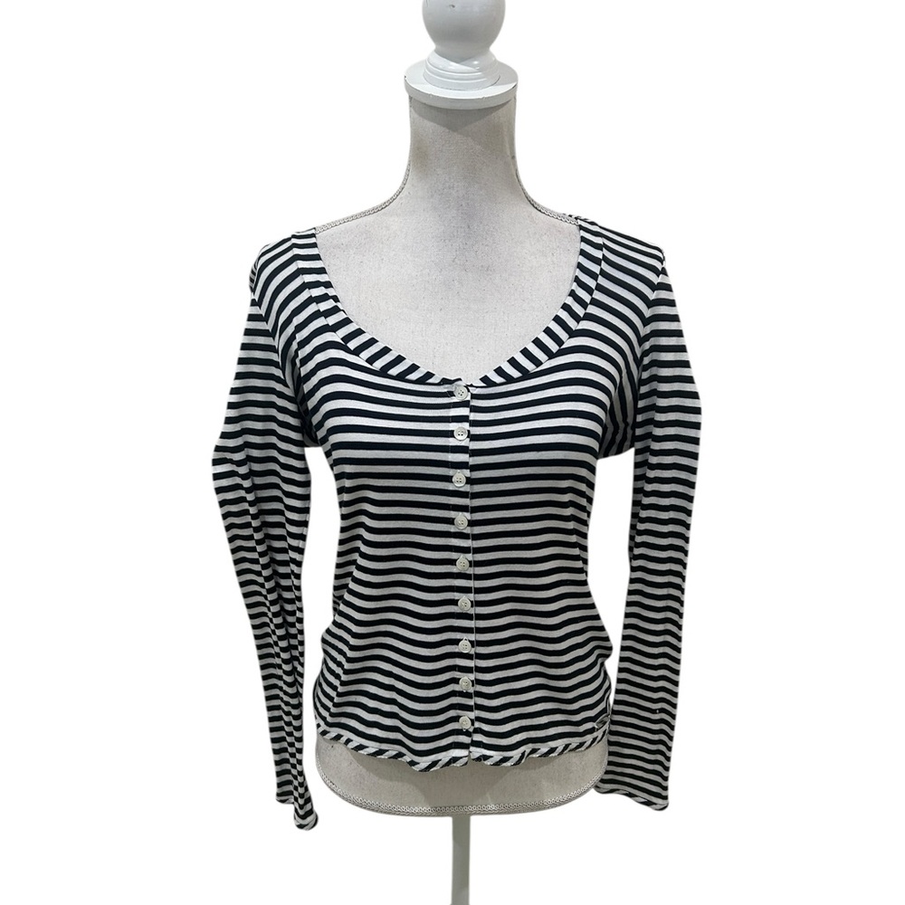 Burberry London navy White Striped Button Down scoop neck long sleeve tee medium